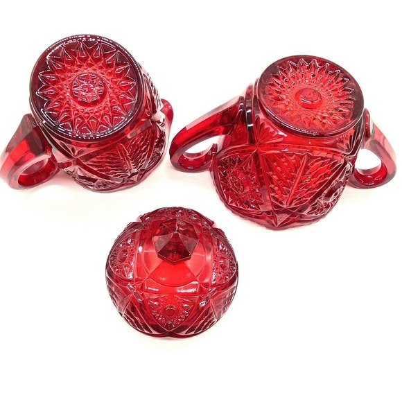Vintage Red EAPG Glass Creamer and Sugar Bowl with Lid Deep Cut Design estate - Picture 4 of 9